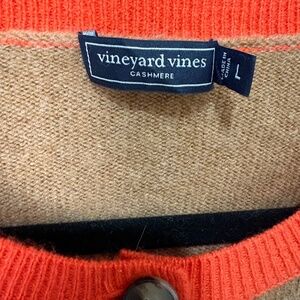 Vineyard Vines 100% Cashmere Camel Cardigan with Orange Trim